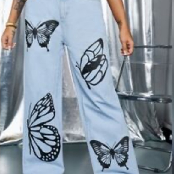 Society Black and Blue Flare Jeans with Artistic Butterfly Design. Boho - Picture 7 of 7